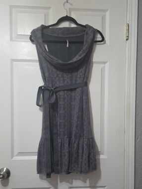 Free People Gray Lace Midi Dress with Cowl Neck and Satin Waist Tie